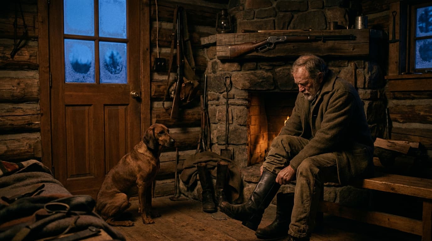 An old hunter pulling on his boots by the hearth of a log cabin before dawn while his hound waits at the door